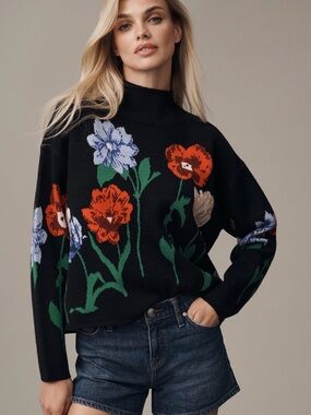 Anthropologie Maeve Carys Black Floral Mock Neck Sweater
